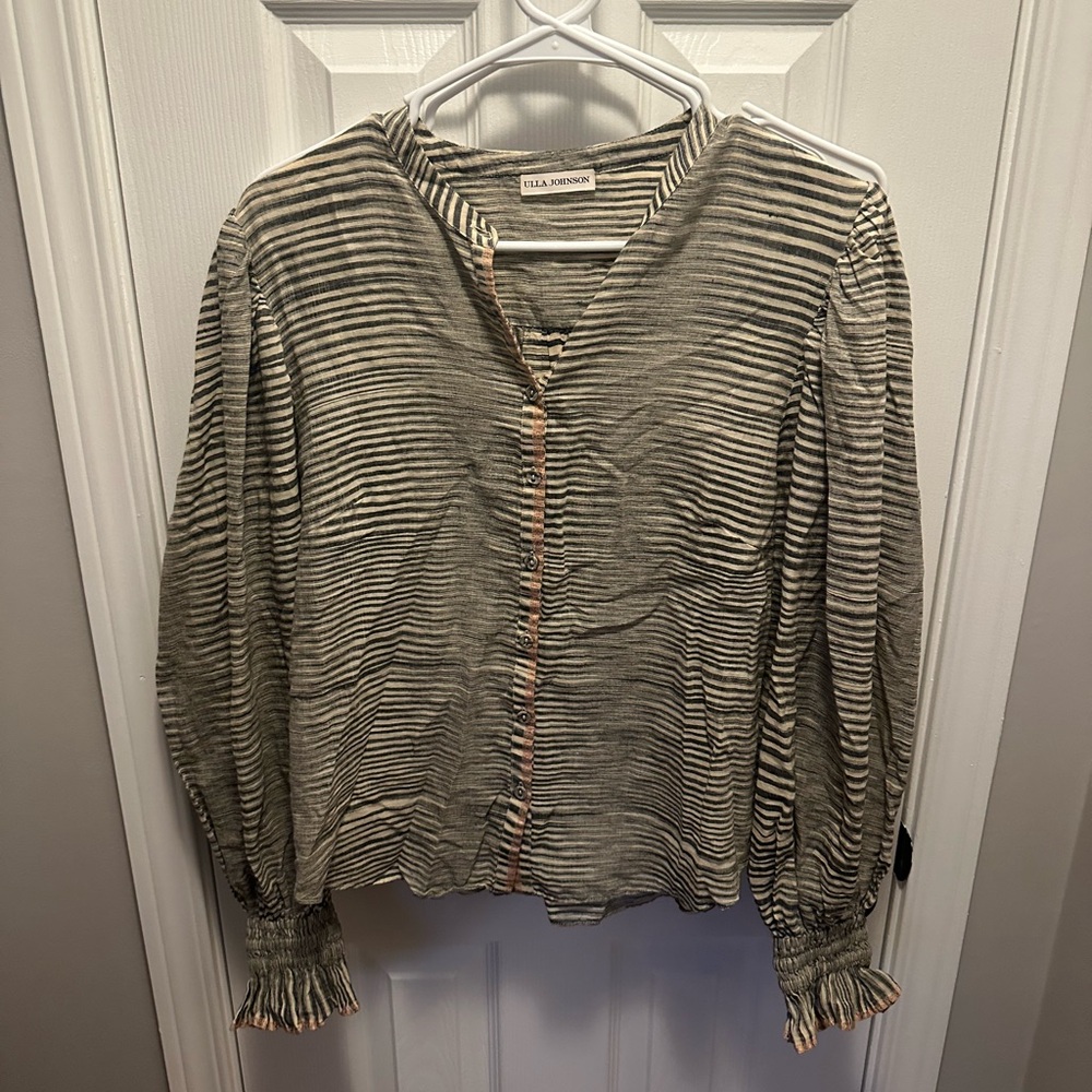 Ulla Johnson Striped Long-Sleeve Button Front Top in Olive and Cream